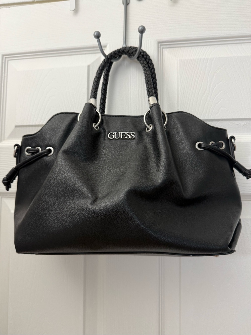 GUESS Black Braided-Handle Drawstring Tote